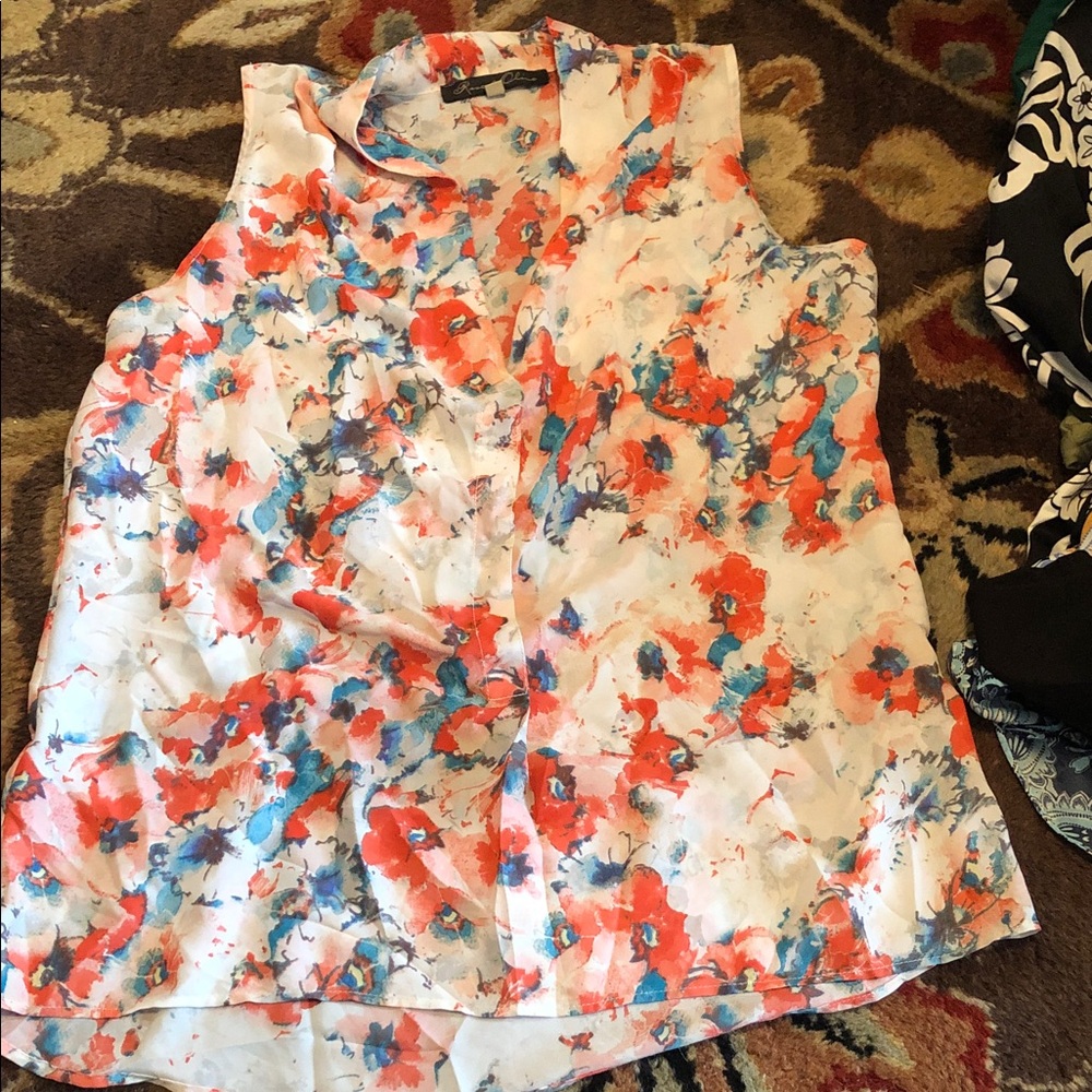 Rose & Olive Sleeveless Watercolor Floral Blouse - White, Coral & Teal